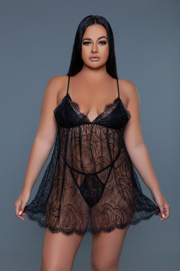 BeWicked Daisy Rose Eyelash Lace Babydoll Black
