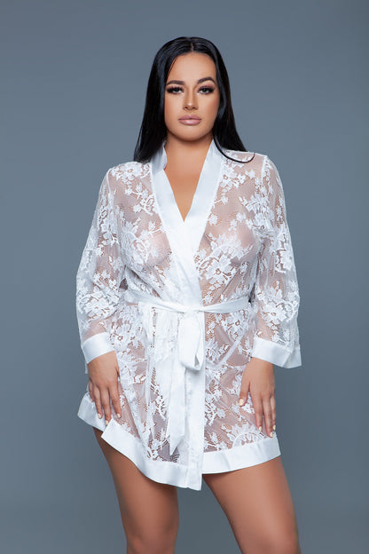 BeWicked Floral Lace Delia Robe Satin Trim White