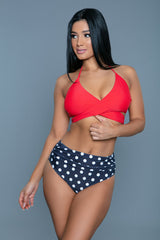 BeWicked Francesca Swimsuit Bikini Set Red Top Blue Polka Dot Bottom
