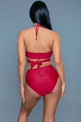 BeWicked Francesca Halter Swimsuit Bikini Set High Waisted Maroon Red