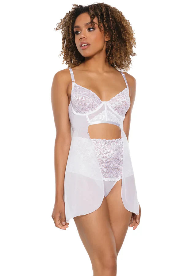 Coquette High Waist Open Front Babydoll & Thong White