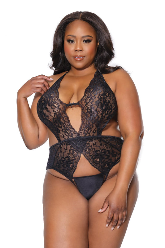 Coquette Diva Scallop Lace Plunge Neck Crotchless Teddy Black