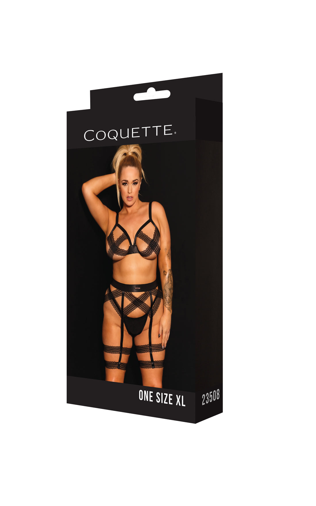 Coquette Pleasure Collection Queen Stretch Lace Elastic Bralette Leg Harness Set Black