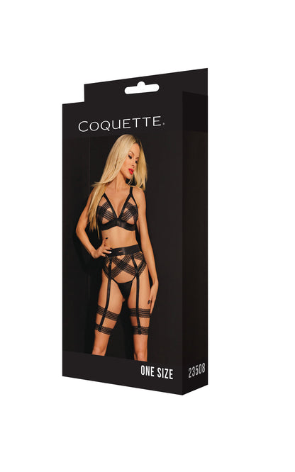 Coquette Pleasure Collection Stretch Lace Elastic Bralette Leg Harness Set Black