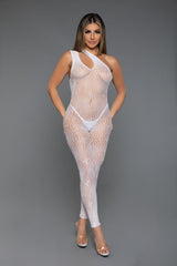 BeWicked All Your Desires Geometric Nylon Bodystocking One Shoulder White