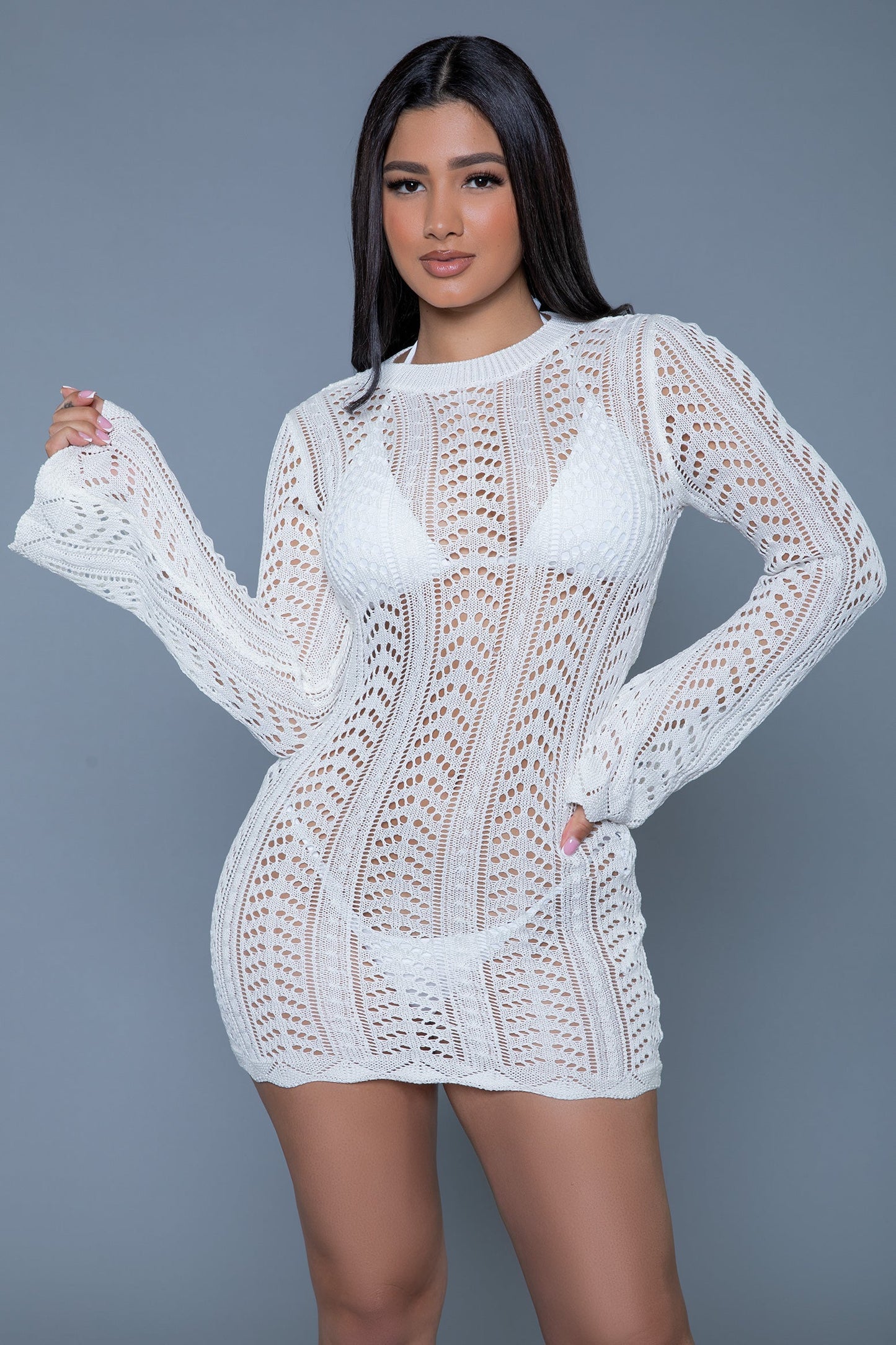 BeWicked Kinsley Mini Dress Coverup Crochet Long Sleeves White