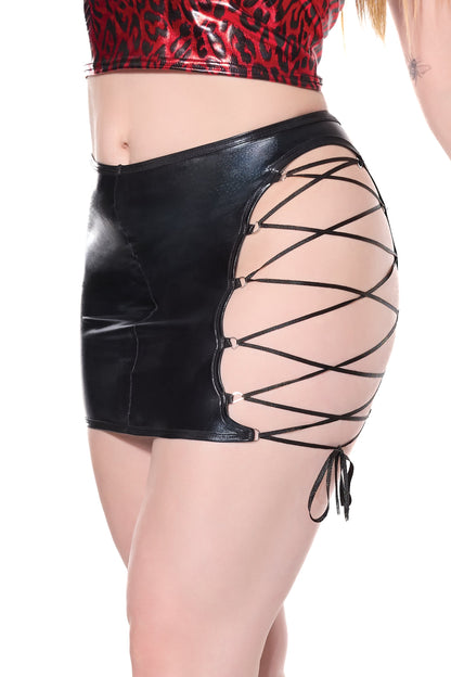 Coquette Darque Lace Up Wet Look Reversible Skirt Black