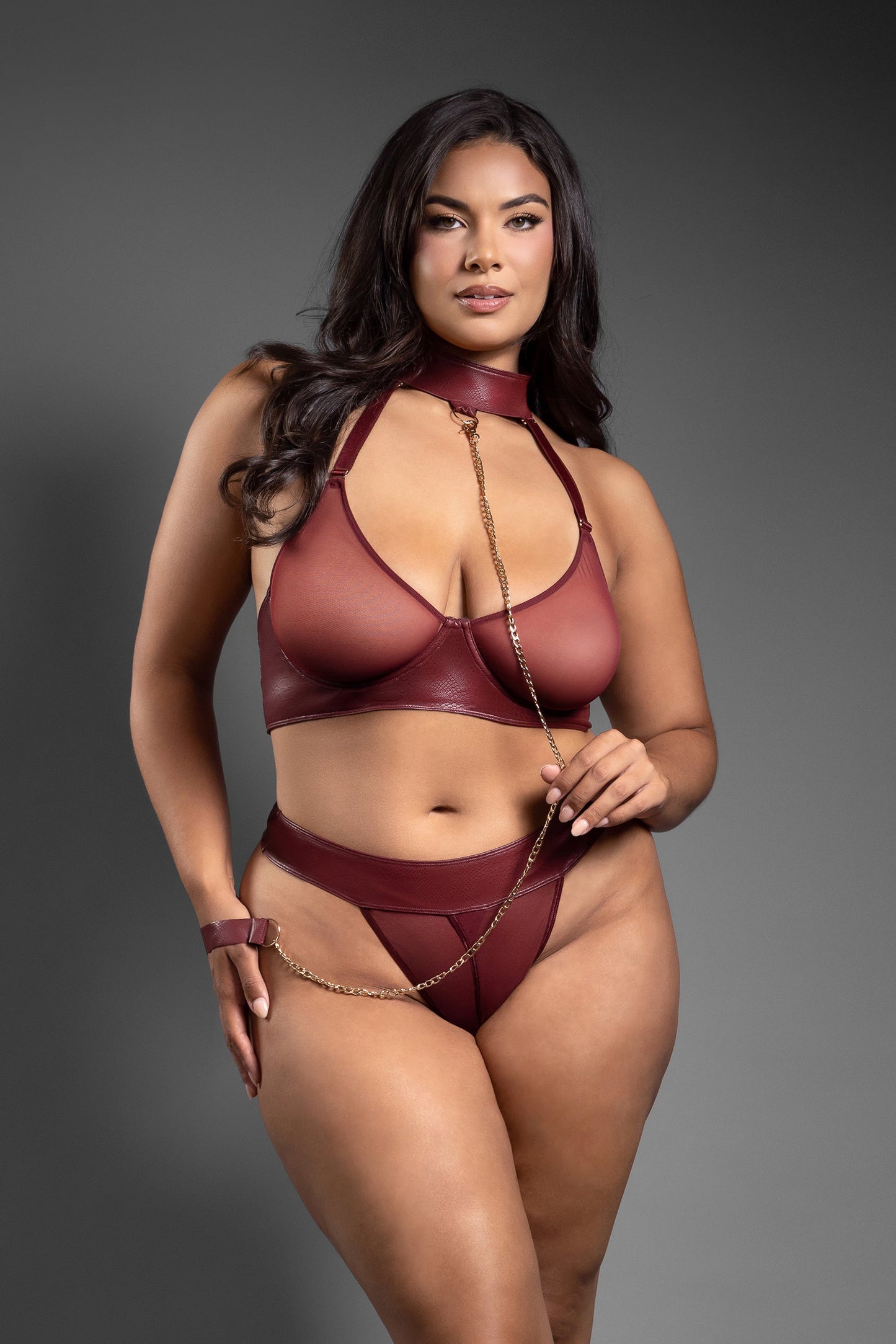 Fantasy Lingerie Queen Domina Embossed Faux Leather Sheer Bra Set Burgundy