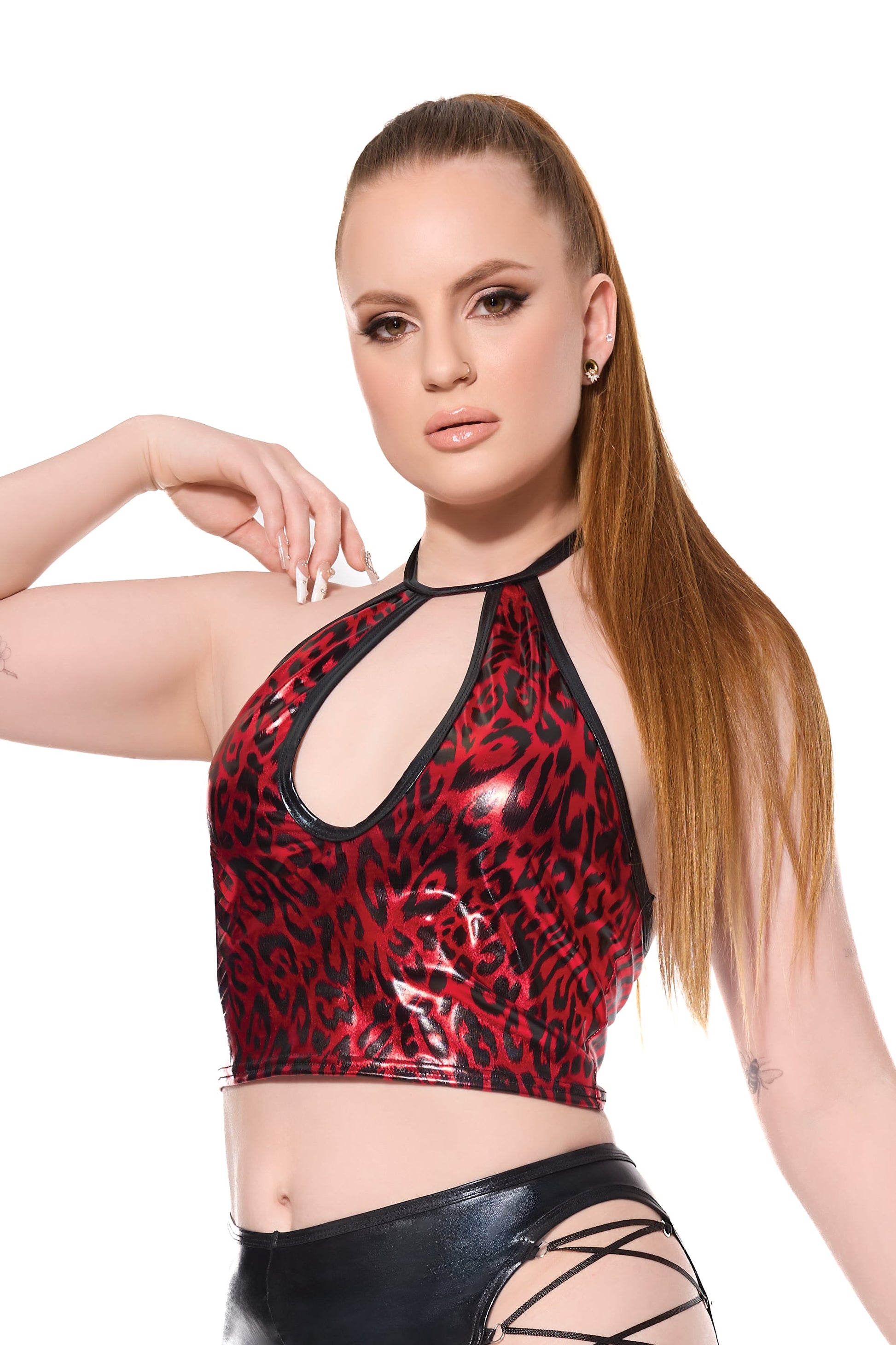 Coquette Darque Wet Look Red Leopard Halter Crop Top