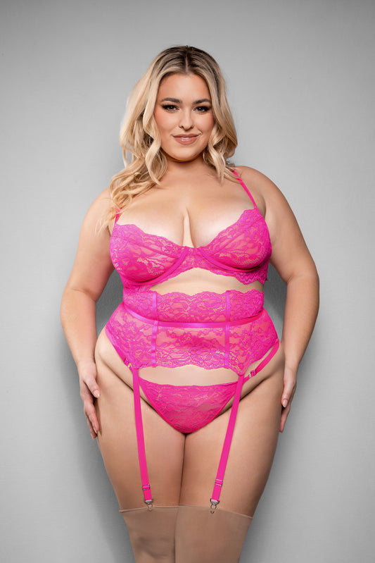 Fantasy Lingerie Juliette Lace Gartered Bra Set Neon Pink Queen