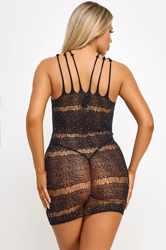 BeWicked Ella Rhinestone Bling Mini Dress Bodystocking Black