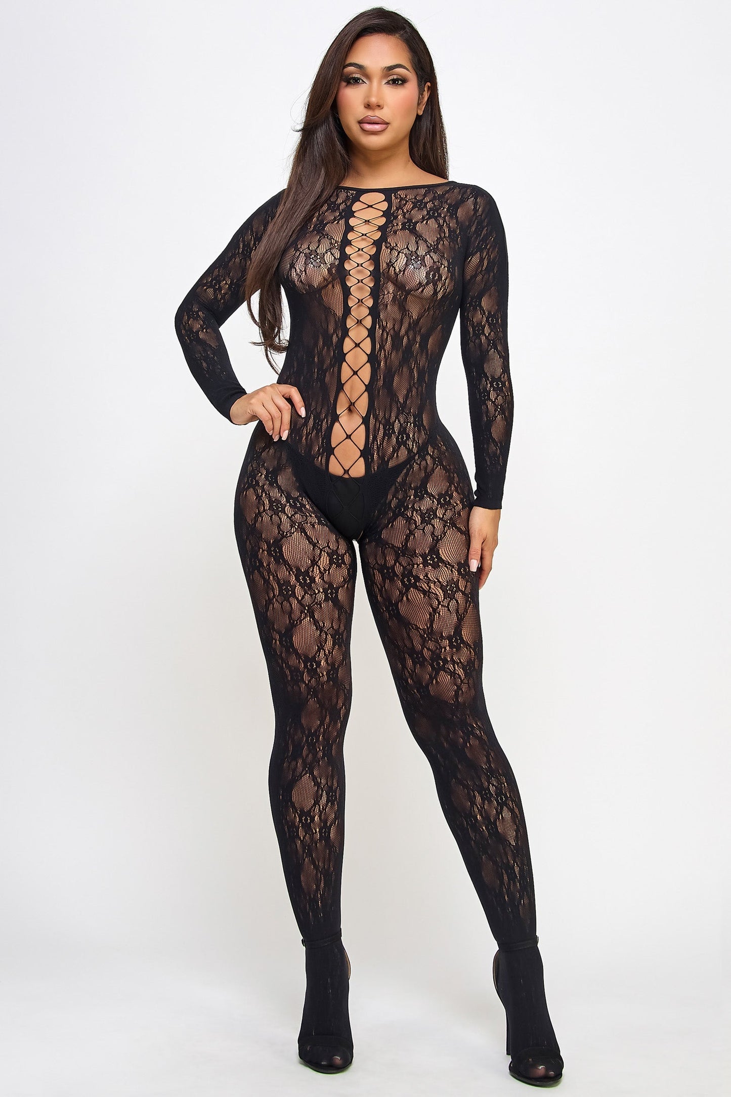 BeWicked Kiara Bodystocking Lace Long Sleeve Black