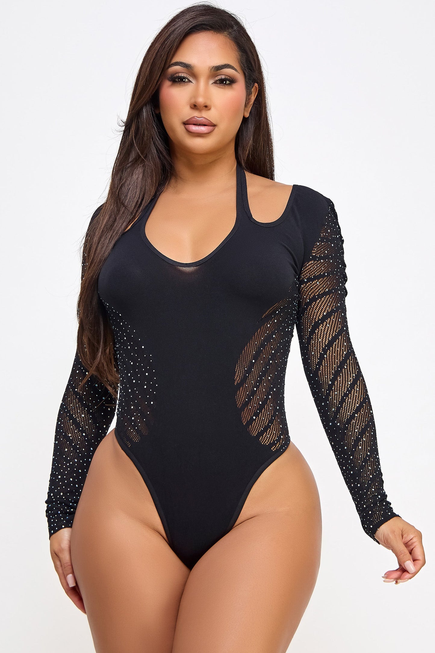 BeWicked Elody Bodysuit Rhinestone Embellishments Striped Mesh Contrast
