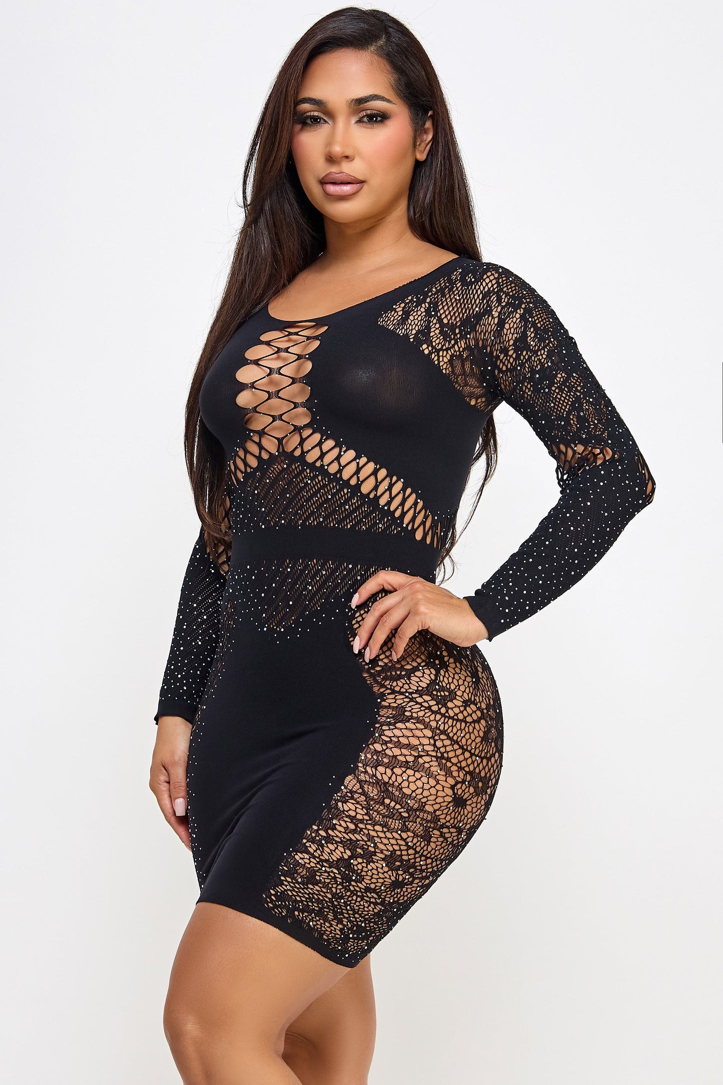 BeWicked Celeste Rhinestone Bling Mini Dress Bodystocking Black