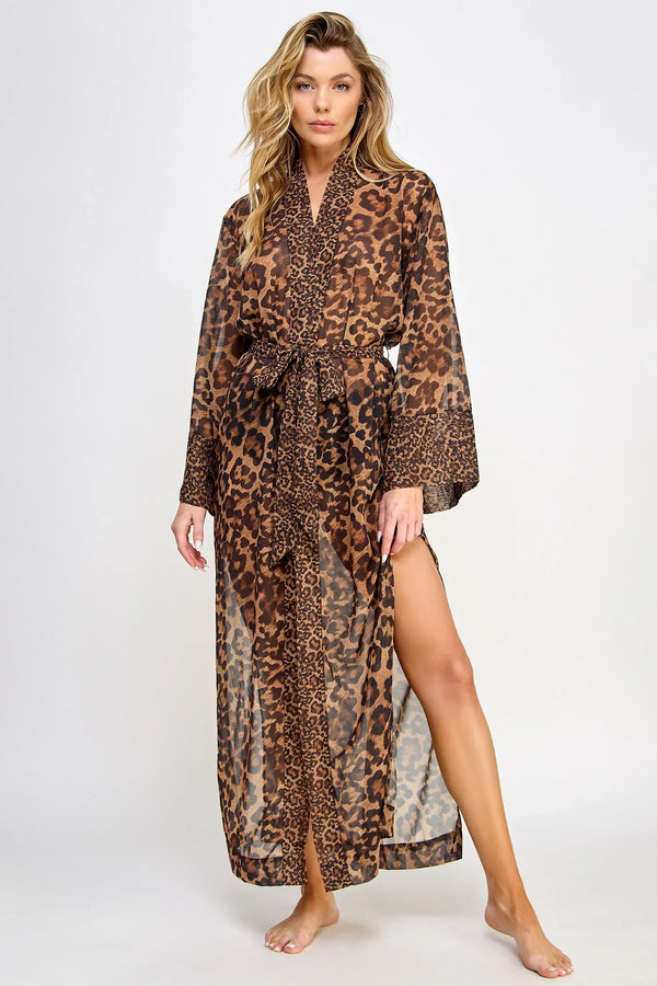 BeWicked Juliana Long Robe Sheer Chiffon Leopard Print