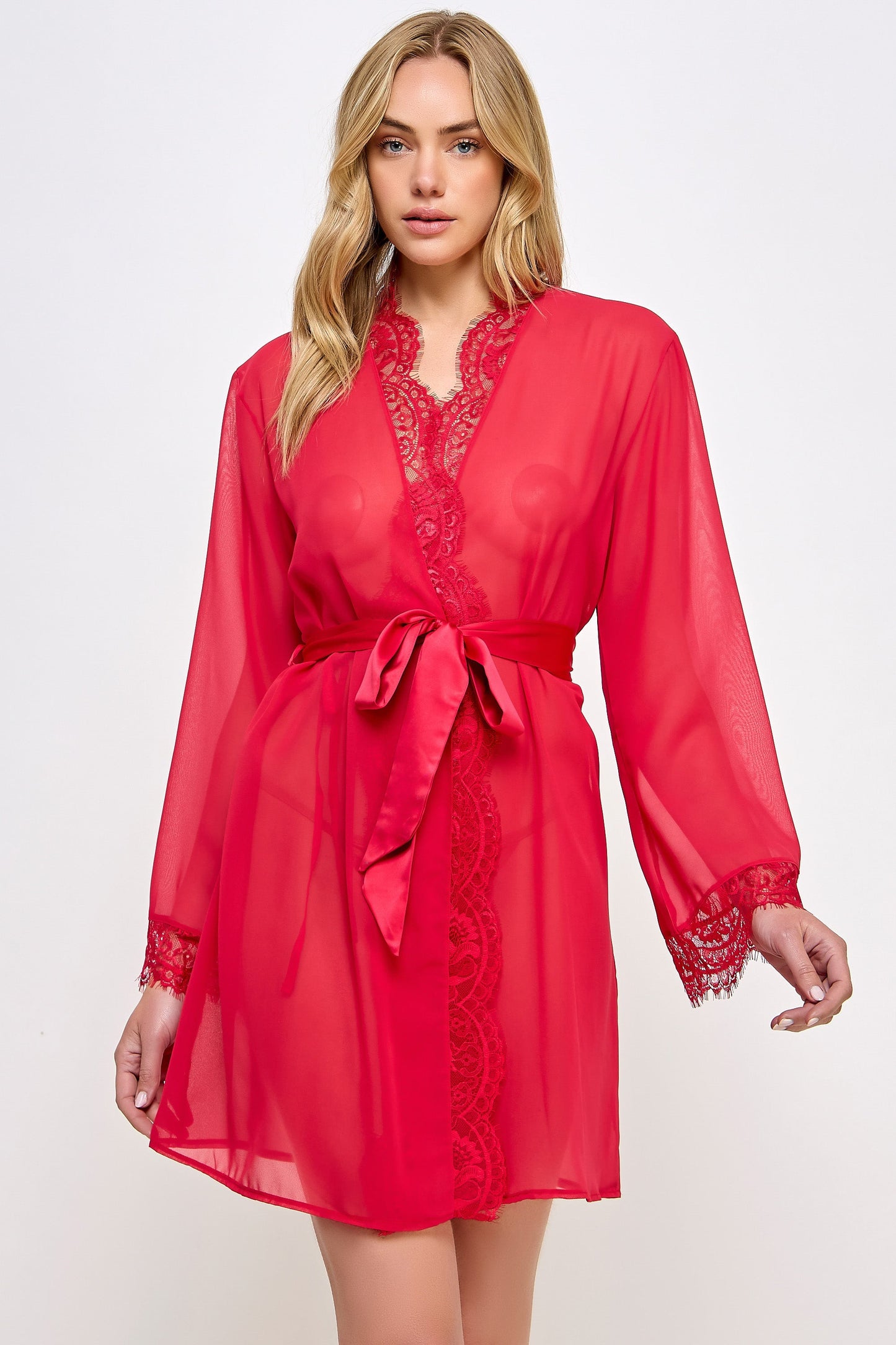 BeWicked Chiffon & Lace Vivian Sheer Robe Red