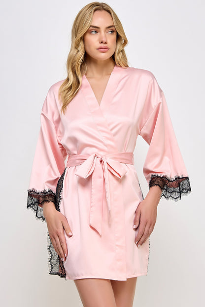 BeWicked Pink Satin & Black Lace Isadora Robe