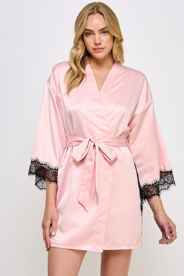 BeWicked Pink Satin & Black Lace Isadora Robe