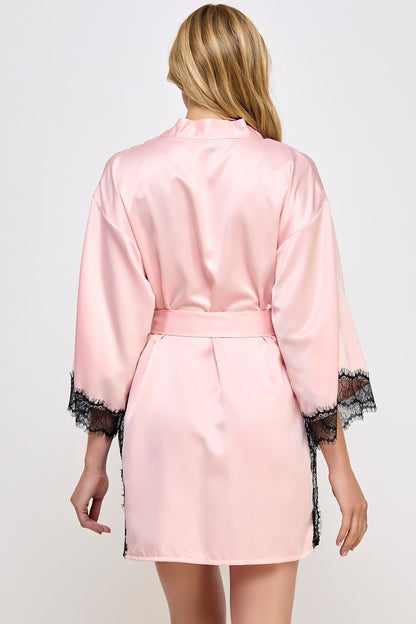 BeWicked Pink Satin & Black Lace Isadora Robe