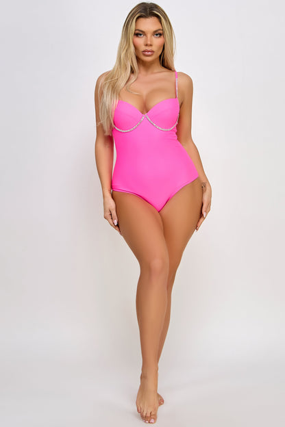 BeWicked Marion One Piece Swimsuit Underwire Cups Chic Rhinestone Hot Pink