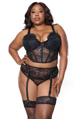 Coquette Queen Sexy Lace Padded Underwire Cups Cropped Bustier Set Black