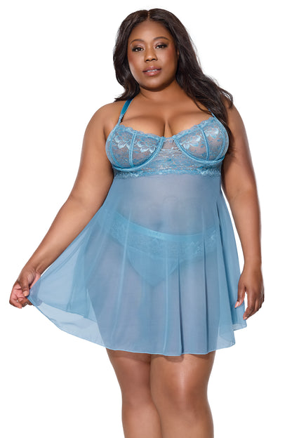 Coquette Queen Sexy Sheer Mesh Underwire Lace Cups Babydoll Blue