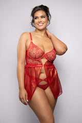 Fantasy Lingerie Radiance Ruby Shimmer Lace & Mesh Babydoll Set