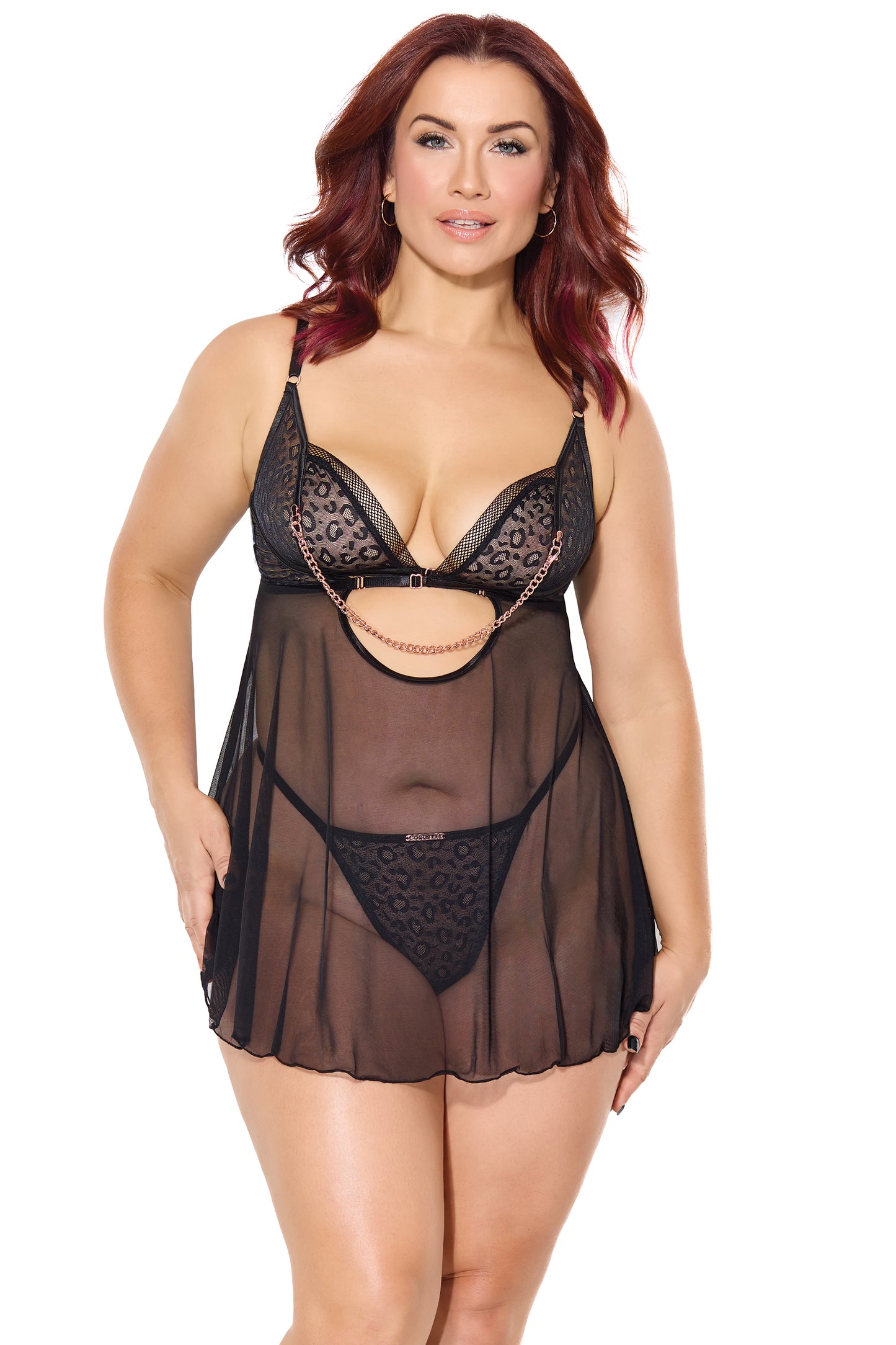 Coquette Pleasure Nipple Hardware Chain Sheer Babydoll & G-String Leopard Queen
