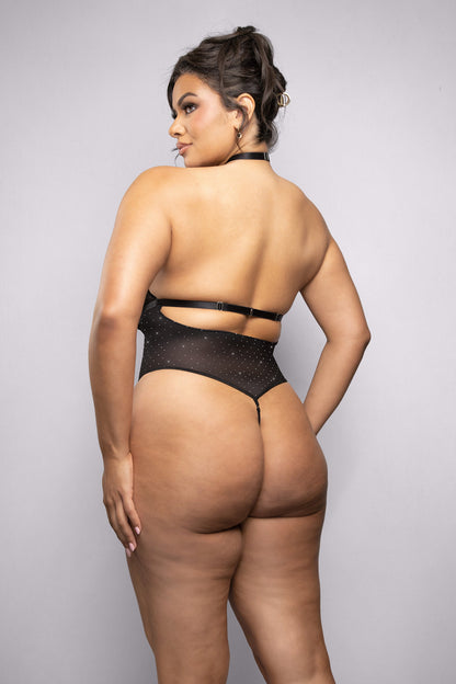 Fantasy Lingerie Onyx Rhinestone Sheer Mesh Teddy Plus