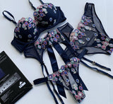 Victoria's Secret 5PC Jewel Bra Garter Belt Thong Cheekini Stockings Set 34C / S