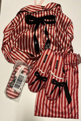 Victoria Secret Robe Sequin Bow Red Stripe Satin Slippers Eyemask Set M / L