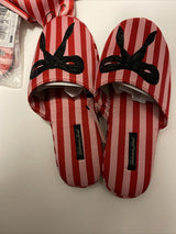 Victoria Secret Robe Sequin Bow Red Stripe Satin Slippers Eyemask Set M / L