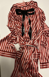Victoria Secret Robe Sequin Bow Red Stripe Satin Slippers Eyemask Set M / L