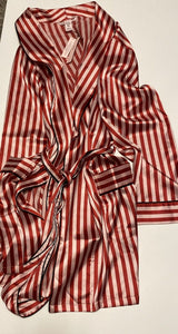 Victoria Secret Robe Sequin Bow Red Stripe Satin Slippers Eyemask Set M / L