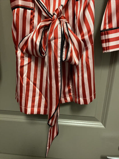 Victoria Secret Robe Sequin Bow Red Stripe Satin Slippers Eyemask Set M / L