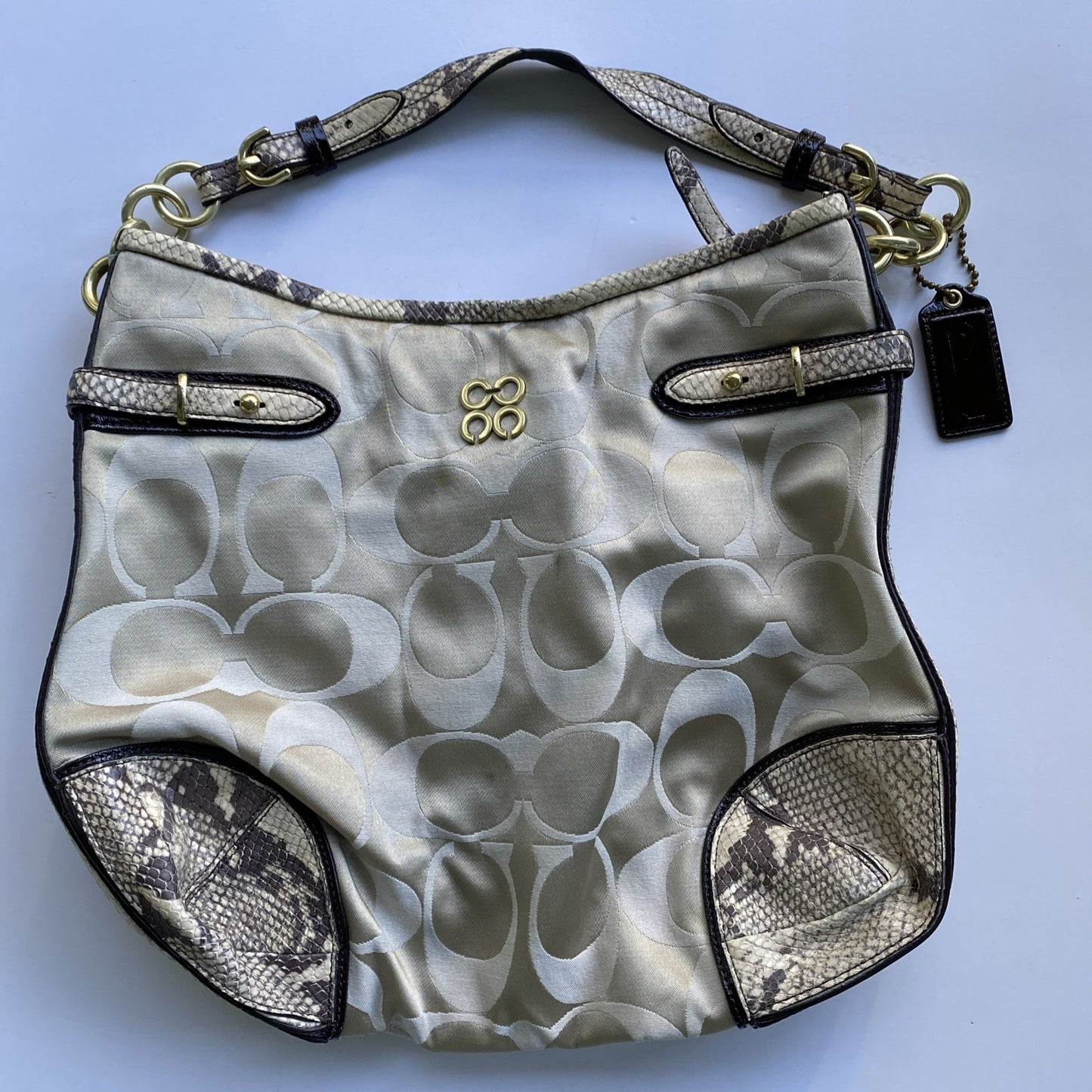 Coach Vintage Shoulder Bag Jacquard Logo C Snake Accent Blue Lining