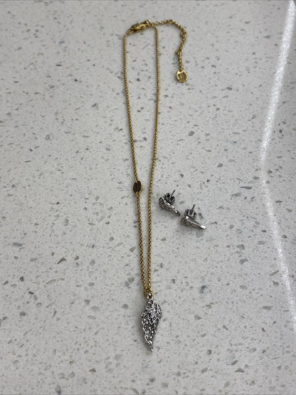 Rare Vtg Juicy Couture Angel Wings Rhinestone Necklace Set Earrings Silver Gold