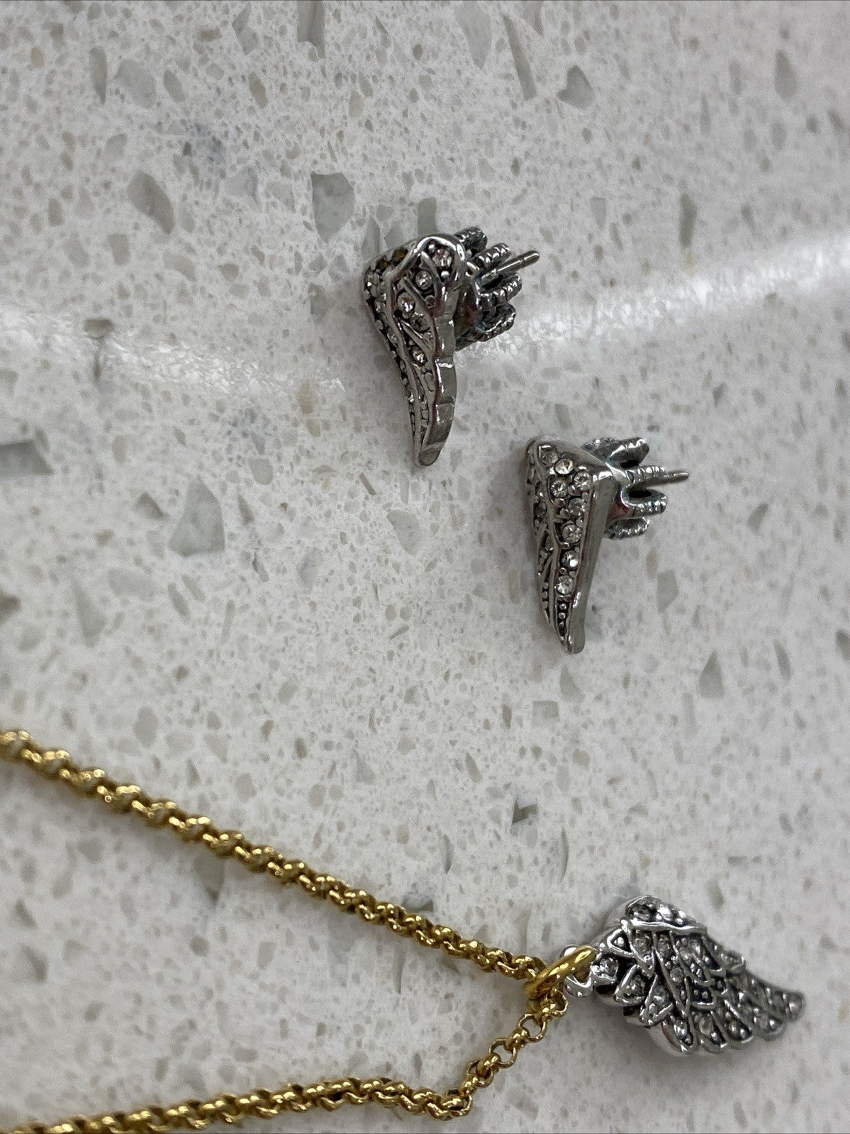 Rare Vtg Juicy Couture Angel Wings Rhinestone Necklace Set Earrings Silver Gold