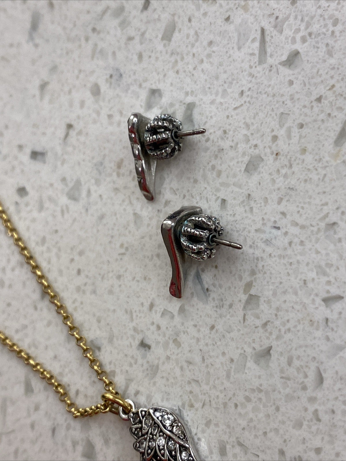 Rare Vtg Juicy Couture Angel Wings Rhinestone Necklace Set Earrings Silver Gold