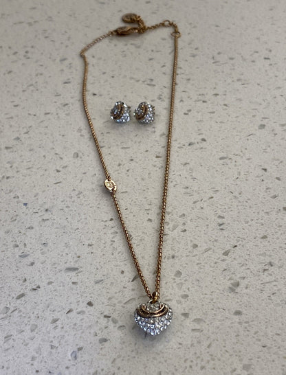 Vintage Juicy Couture Pave Heart Rhinestone Necklace Set Earrings Rose Gold