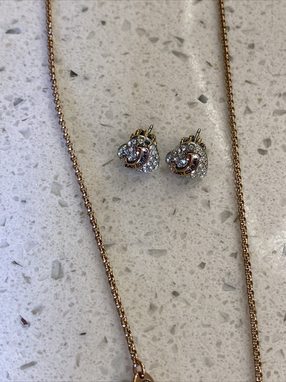 Vintage Juicy Couture Pave Heart Rhinestone Necklace Set Earrings Rose Gold
