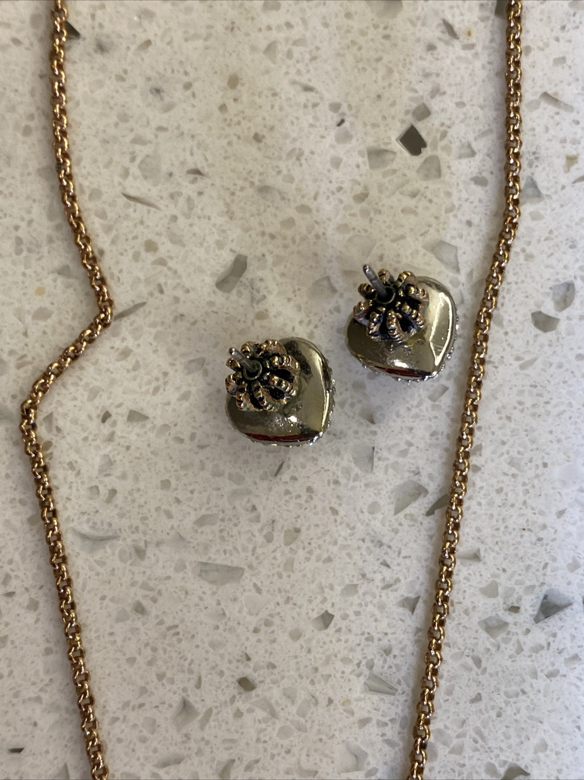 Vintage Juicy Couture Pave Heart Rhinestone Necklace Set Earrings Rose Gold