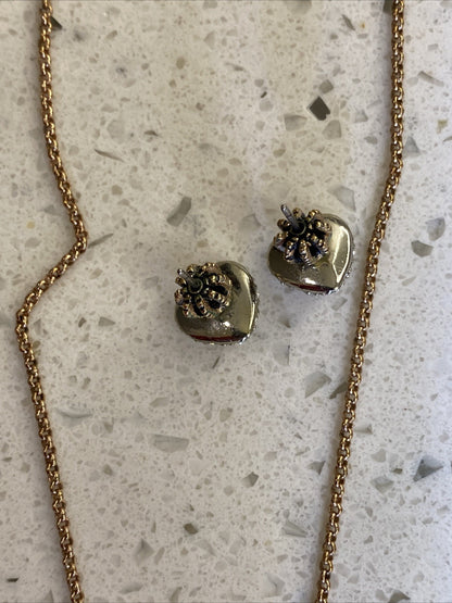 Vintage Juicy Couture Pave Heart Rhinestone Necklace Set Earrings Rose Gold