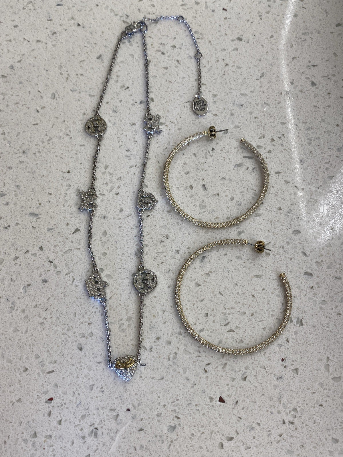 Vintage Juicy Couture Pave Heart Rhinestone Necklace Set Earrings Hoops Gold