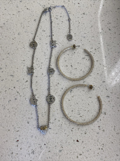 Vintage Juicy Couture Pave Heart Rhinestone Necklace Set Earrings Hoops Gold