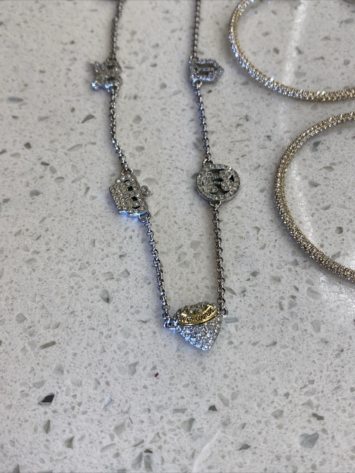 Vintage Juicy Couture Pave Heart Rhinestone Necklace Set Earrings Hoops Gold