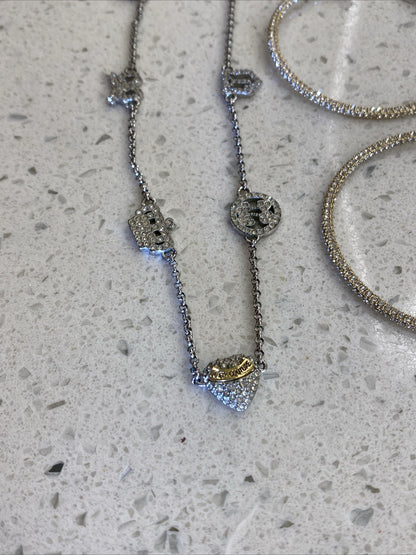 Vintage Juicy Couture Pave Heart Rhinestone Necklace Set Earrings Hoops Gold