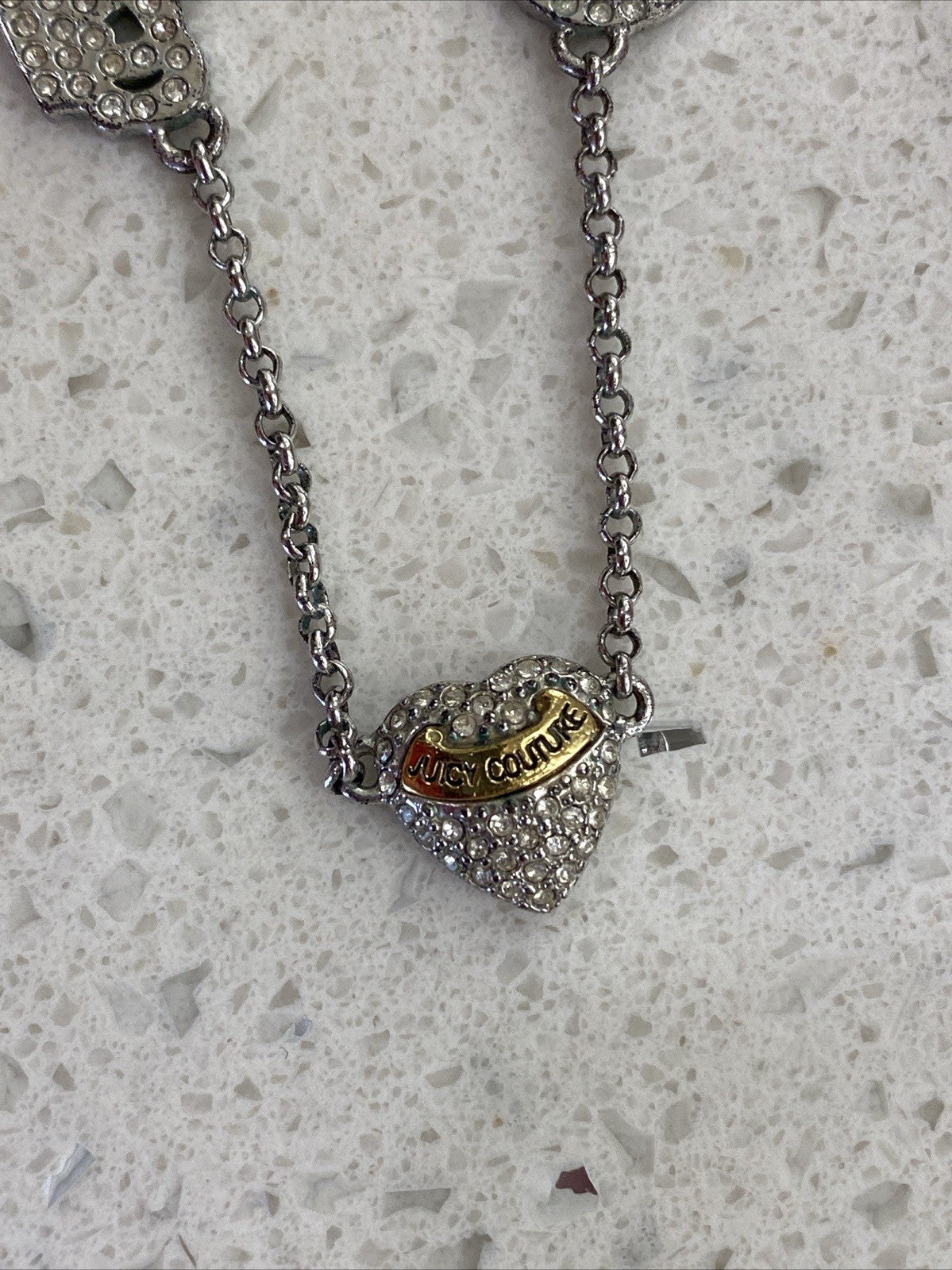 Vintage Juicy Couture Pave Heart Rhinestone Necklace Set Earrings Hoops Gold