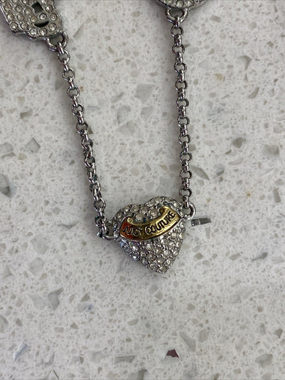 Vintage Juicy Couture Pave Heart Rhinestone Necklace Set Earrings Hoops Gold