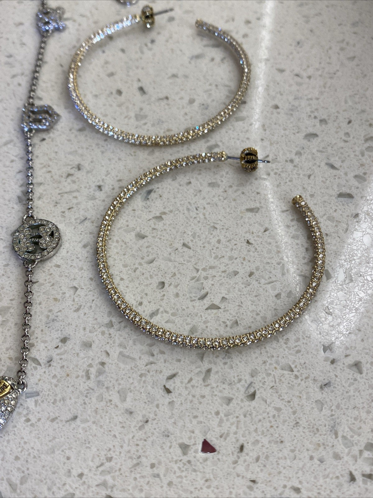Vintage Juicy Couture Pave Heart Rhinestone Necklace Set Earrings Hoops Gold